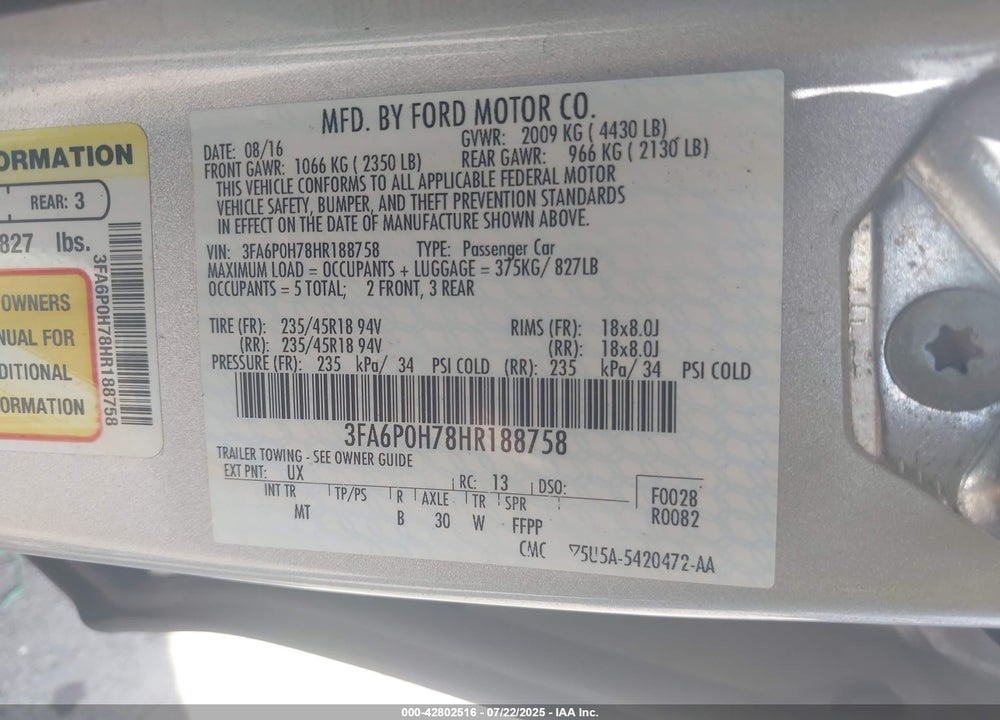 2017 FORD FUSION VIN: 3FA6P0H78HR188758
