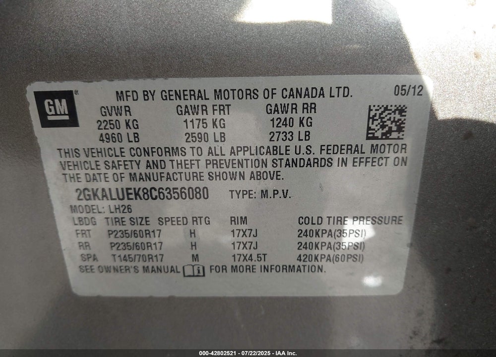 2012 GMC TERRAIN SLT-1 VIN: 2GKALUEK8C6356080