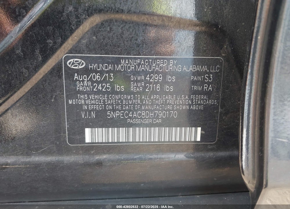 2013 HYUNDAI SONATA LIMITED VIN: 5NPEC4AC8DH790170