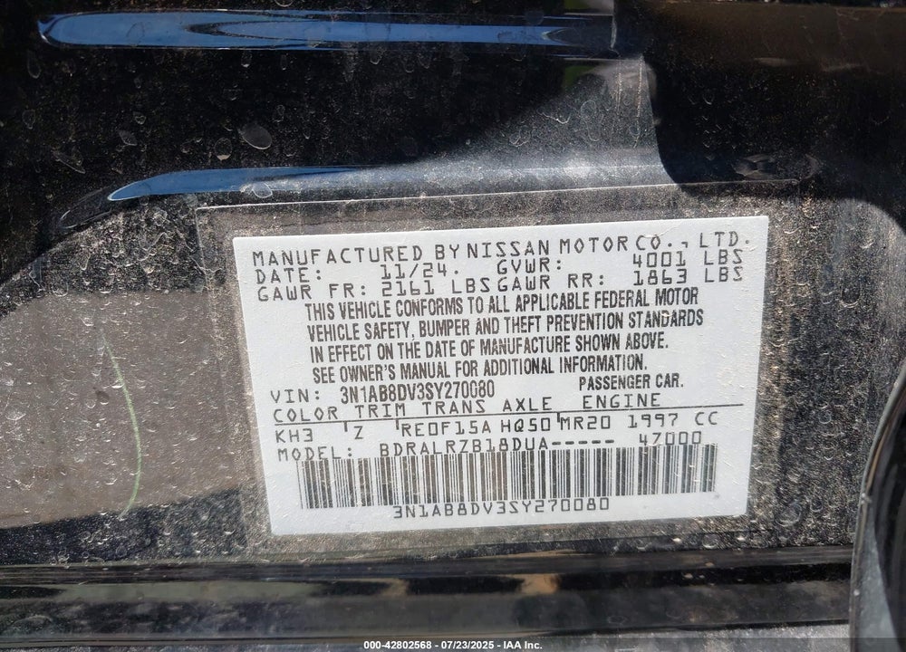 2025 NISSAN SENTRA VIN: 3N1AB8DV3SY270080