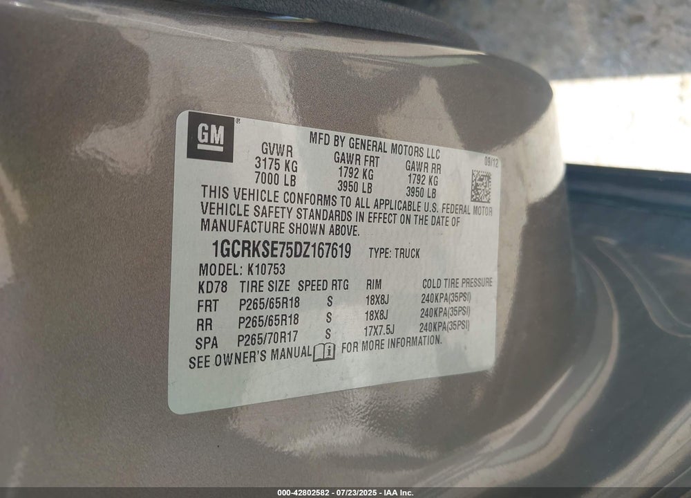 2013 CHEVROLET SILVERADO 1500 VIN: 1GCRKSE75DZ167619