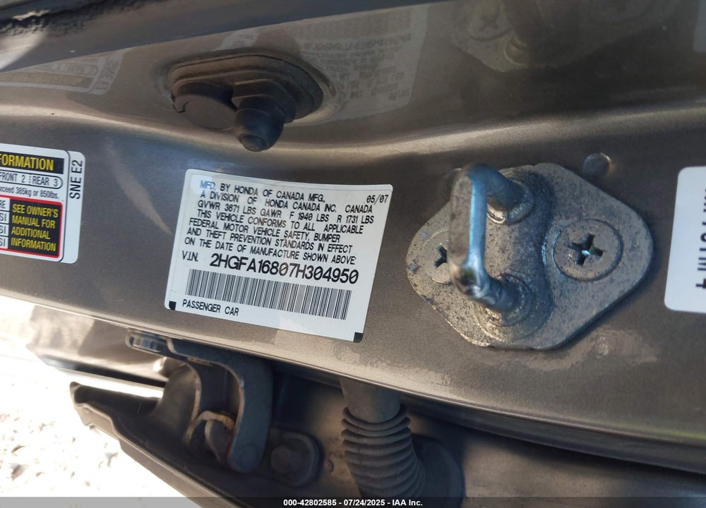 2007 HONDA CIVIC VIN: 2HGFA16807H304950