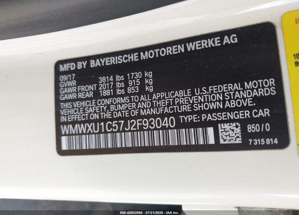 2018 MINI COOPER VIN: WMWXU1C57J2F93040