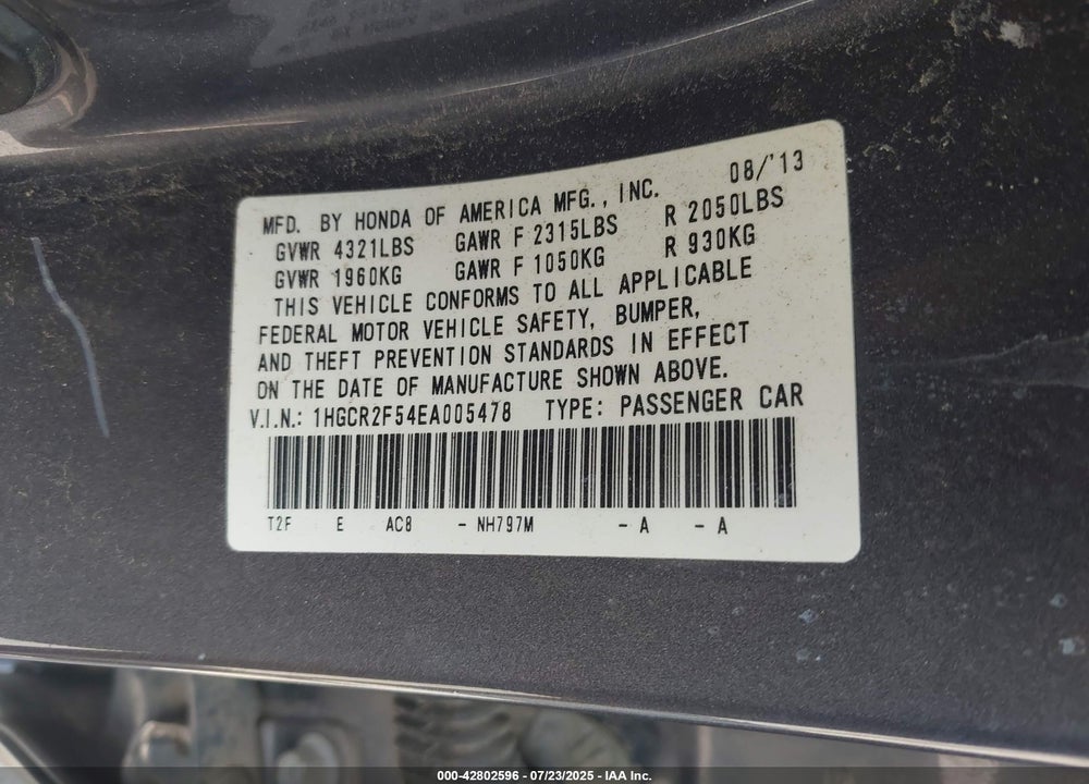 2014 HONDA ACCORD SPORT VIN: 1HGCR2F54EA005478