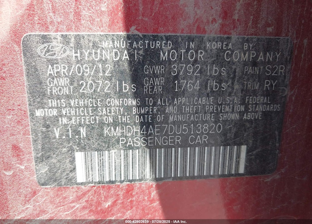 2013 HYUNDAI ELANTRA VIN: KMHDH4AE7DU513820