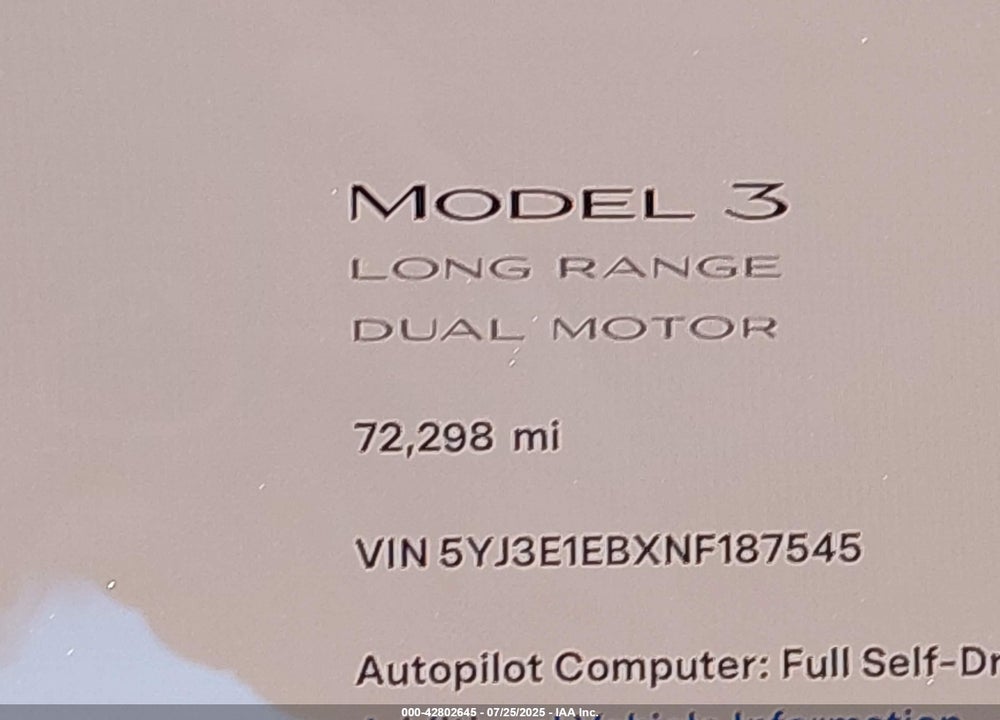 2022 TESLA MODEL 3 LONG RANGE DUAL MOTOR ALL-WHEEL DRIVE VIN: 5YJ3E1EBXNF187545