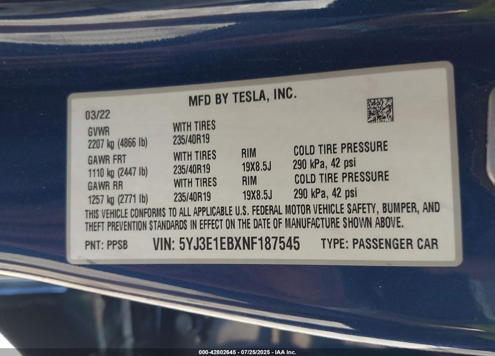 2022 TESLA MODEL 3 LONG RANGE DUAL MOTOR ALL-WHEEL DRIVE VIN: 5YJ3E1EBXNF187545