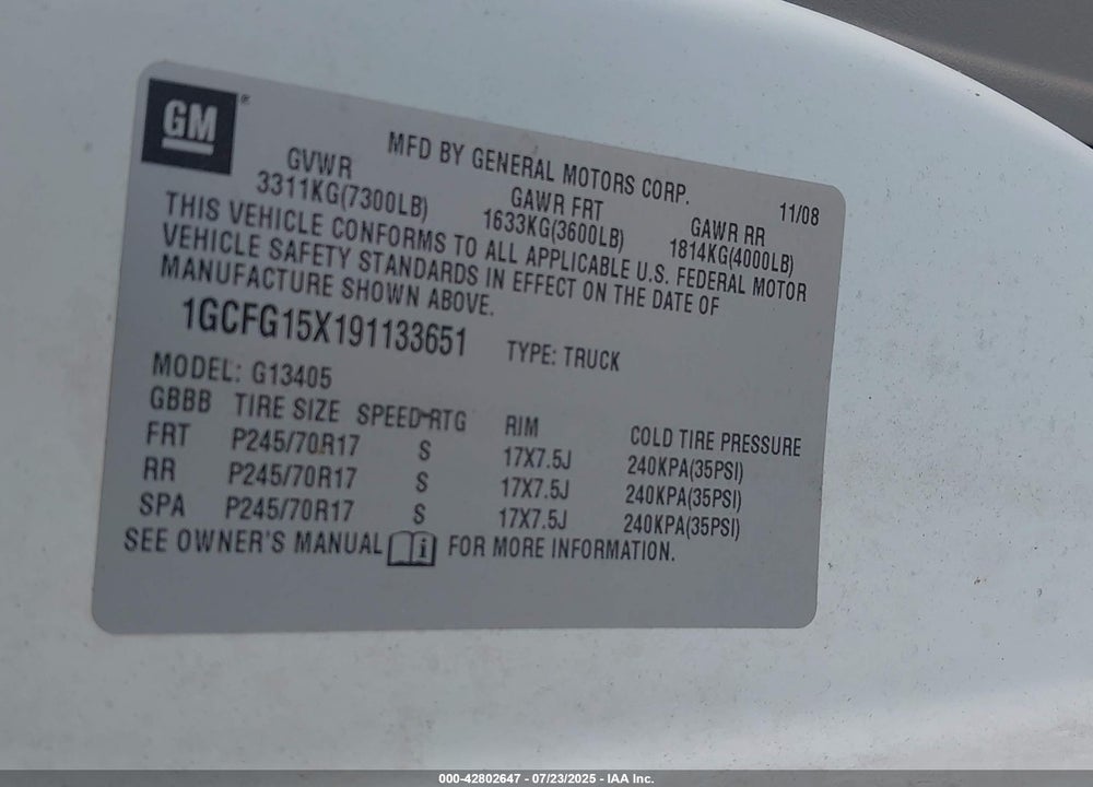 2009 CHEVROLET EXPRESS 1500 WORK VAN VIN: 1GCFG15X191133651