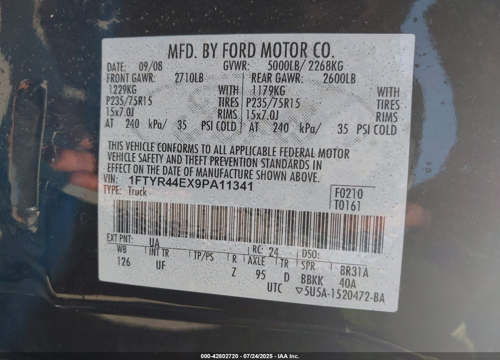 2009 FORD RANGER VIN: 1FTYR44EX9PA11341