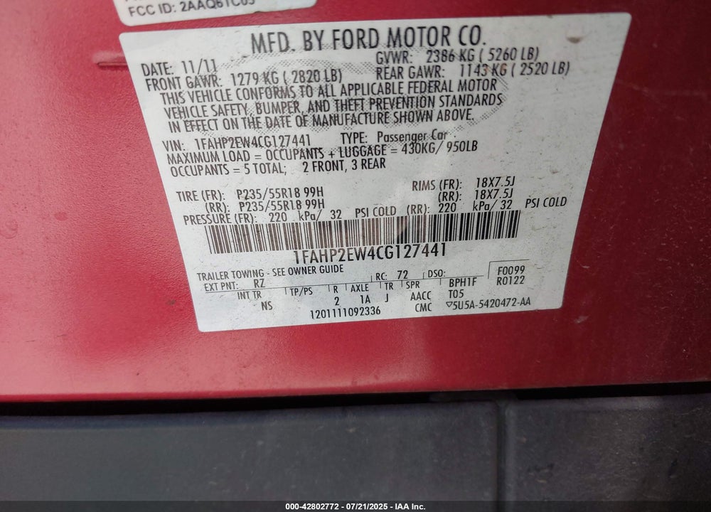 2012 FORD TAURUS VIN: 1FAHP2EW4CG127441