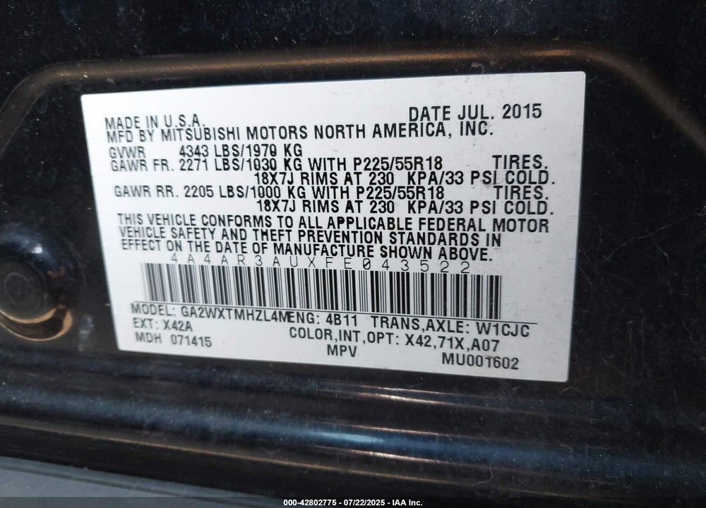 2015 MITSUBISHI OUTLANDER SPORT ES VIN: 4A4AR3AUXFE043522