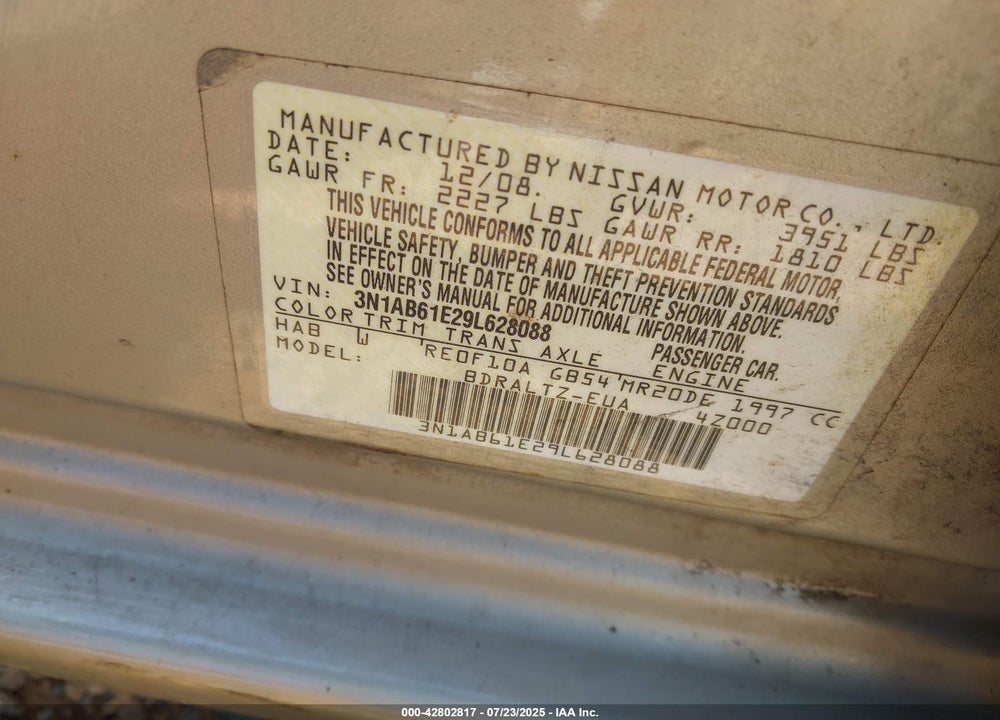 2009 NISSAN SENTRA VIN: 3N1AB61E29L628088