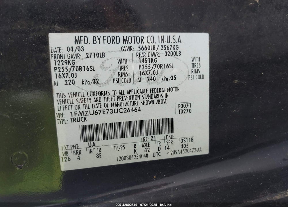 2003 FORD EXPLORER SPORT TRAC VIN: 1FMZU67E73UC26464