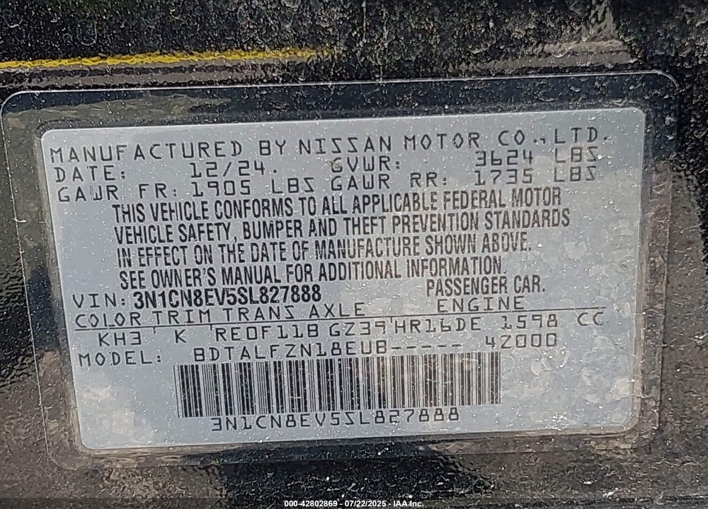 2025 NISSAN VERSA VIN: 3N1CN8EV5SL827888