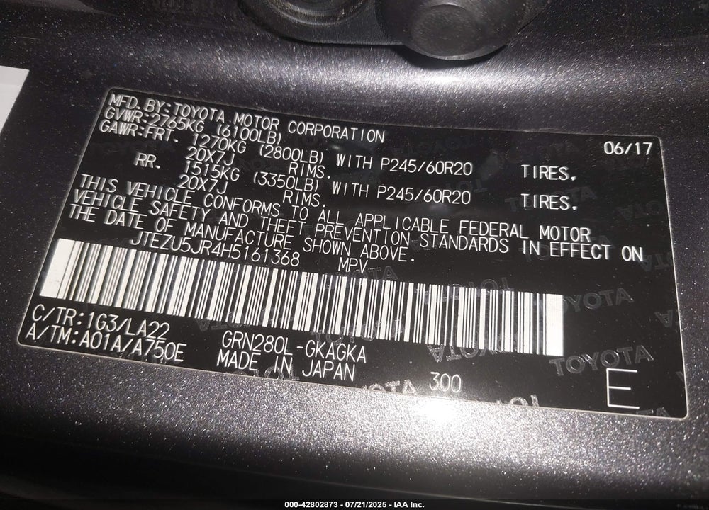 2017 TOYOTA 4RUNNER LIMITED VIN: JTEZU5JR4H5161368