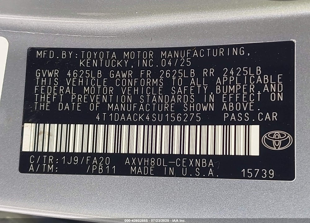 2025 TOYOTA CAMRY LE VIN: 4T1DAACK4SU156275