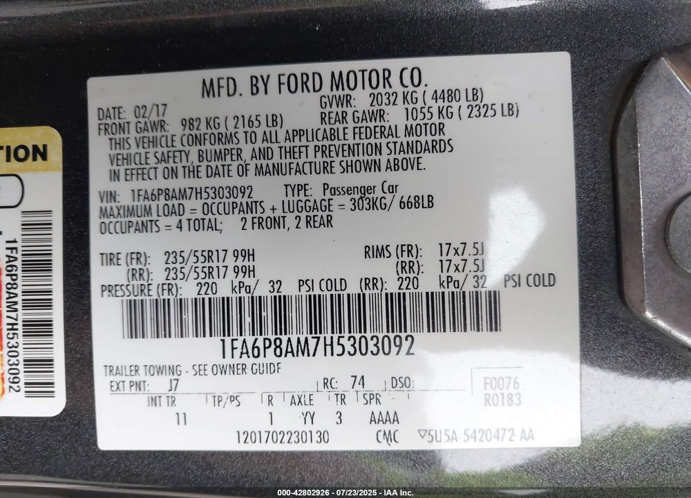 2017 FORD MUSTANG VIN: 1FA6P8AM7H5303092