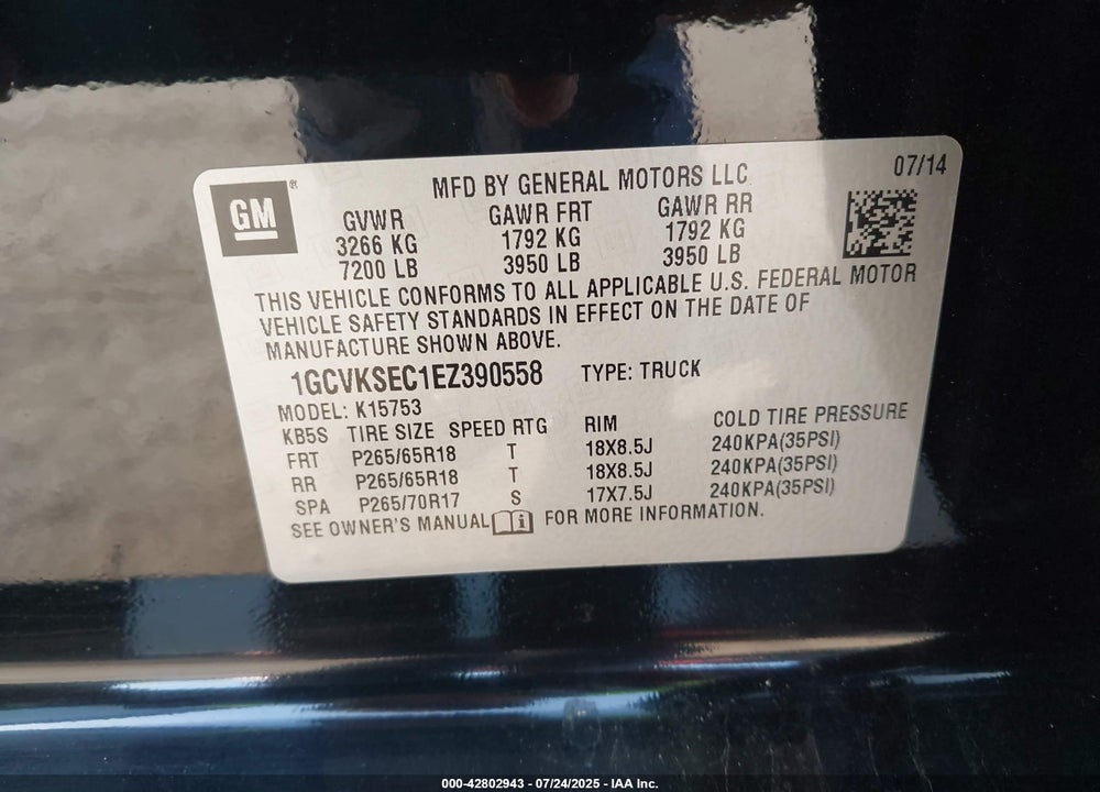 2014 CHEVROLET SILVERADO 1500 VIN: 1GCVKSEC1EZ390558