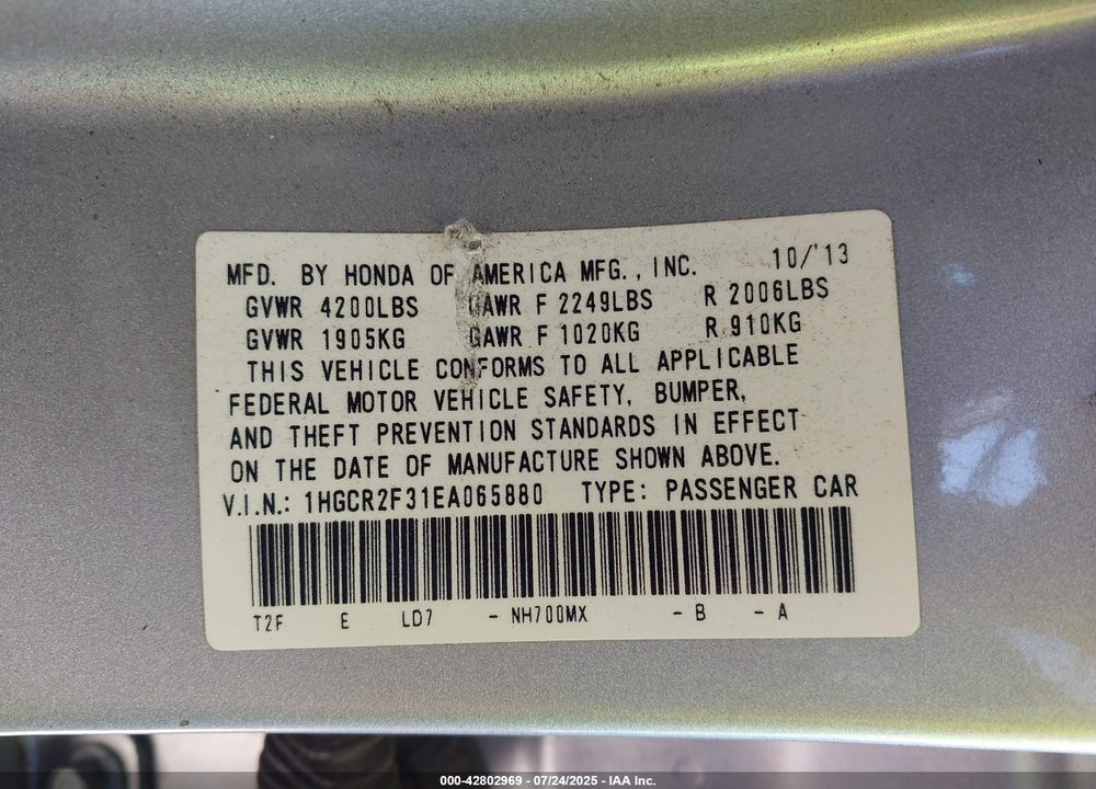 2014 HONDA ACCORD VIN: 1HGCR2F31EA065880