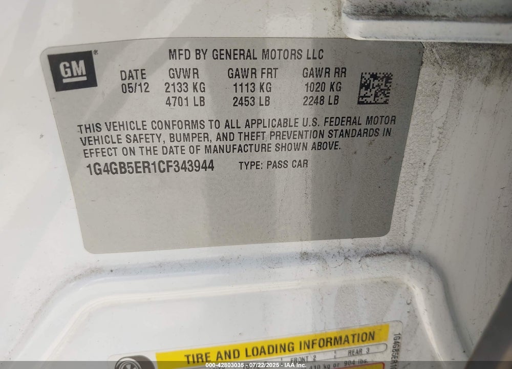 2012 BUICK LACROSSE VIN: 1G4GB5ER1CF343944