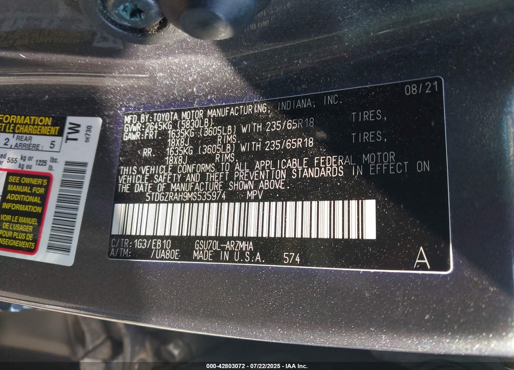 2021 TOYOTA HIGHLANDER VIN: 5TDGZRAH9MS535974