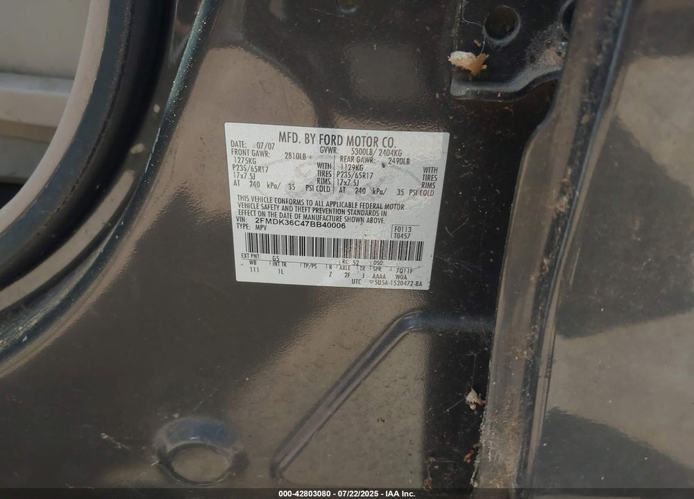 2007 FORD EDGE VIN: 2FMDK36C47BB40006