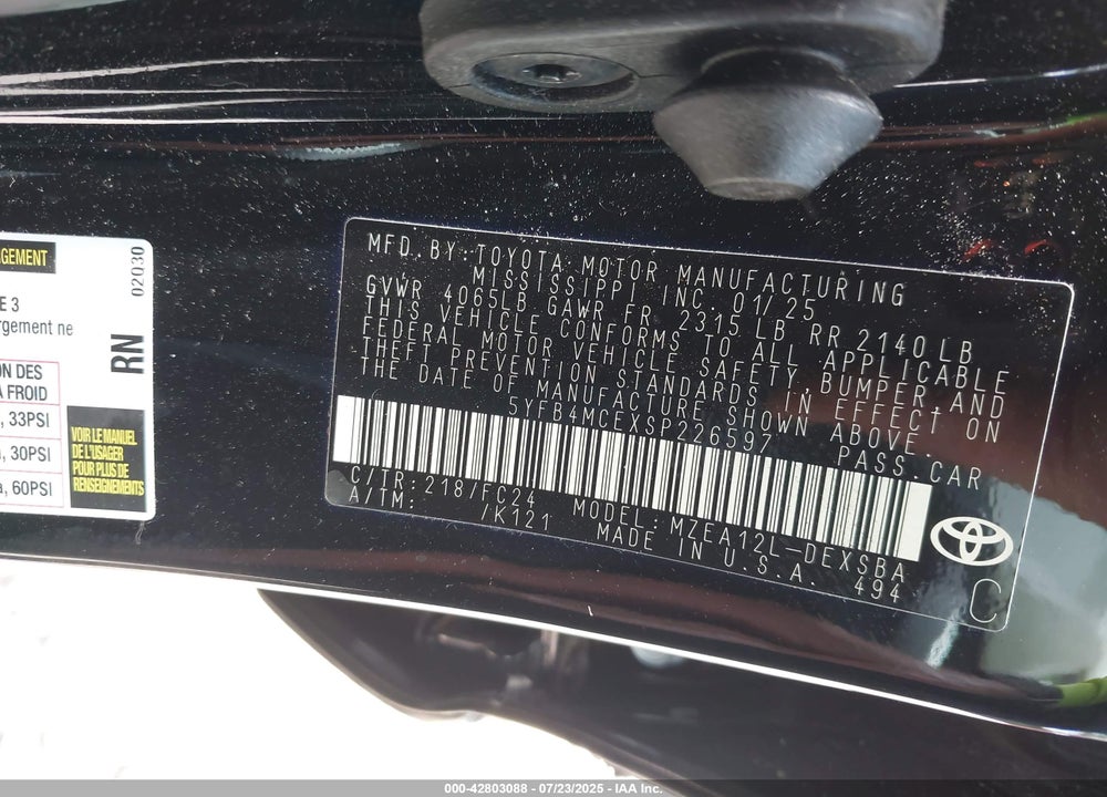 2025 TOYOTA COROLLA VIN: 5YFB4MCEXSP226597