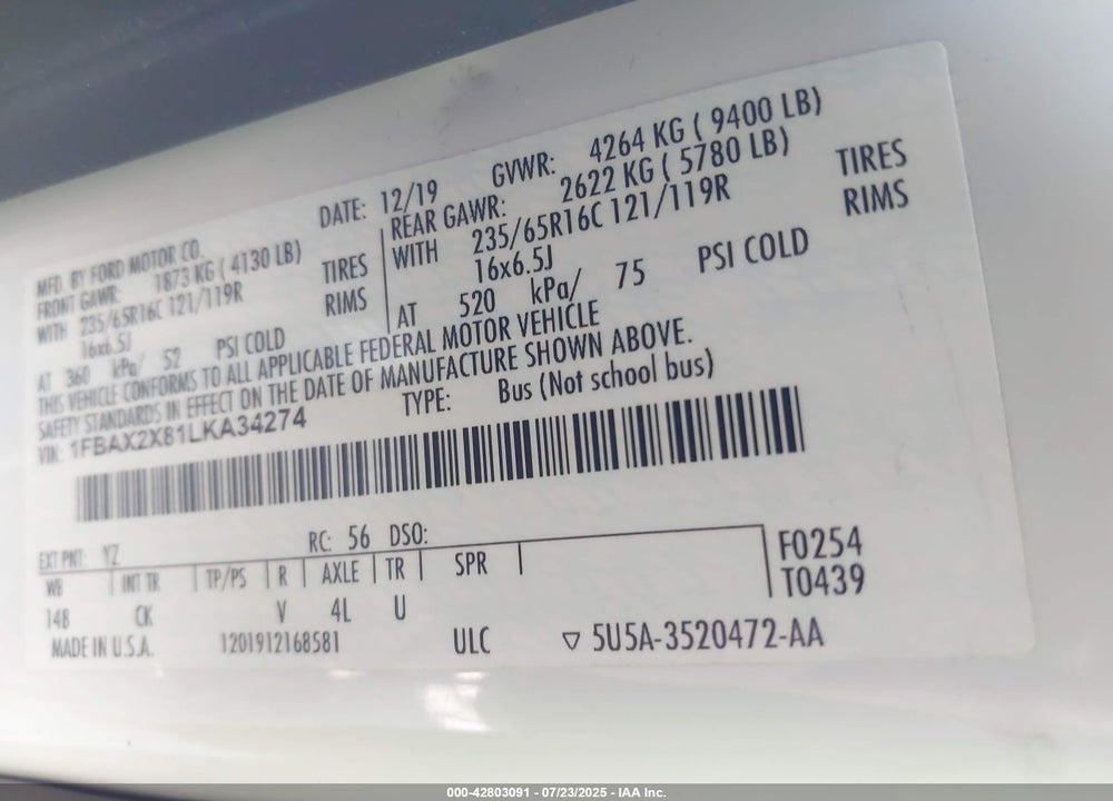 2020 FORD TRANSIT-350 PASSENGER VAN XLT VIN: 1FBAX2X81LKA34274