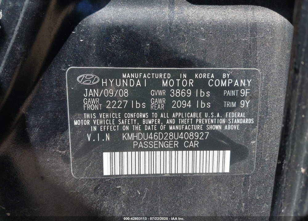 2008 HYUNDAI ELANTRA VIN: KMHDU46D28U408927