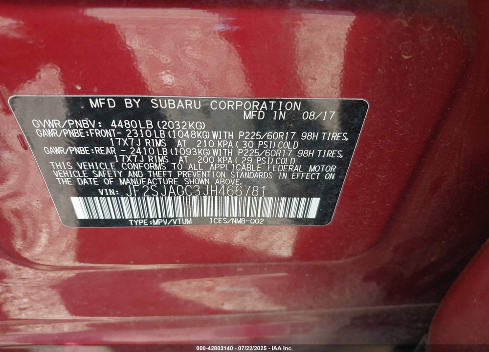 2018 SUBARU FORESTER 2.5I PREMIUM VIN: JF2SJAGC3JH466781