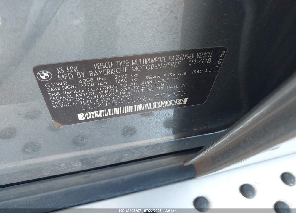 2008 BMW X5 VIN: 5UXFE43588L009175