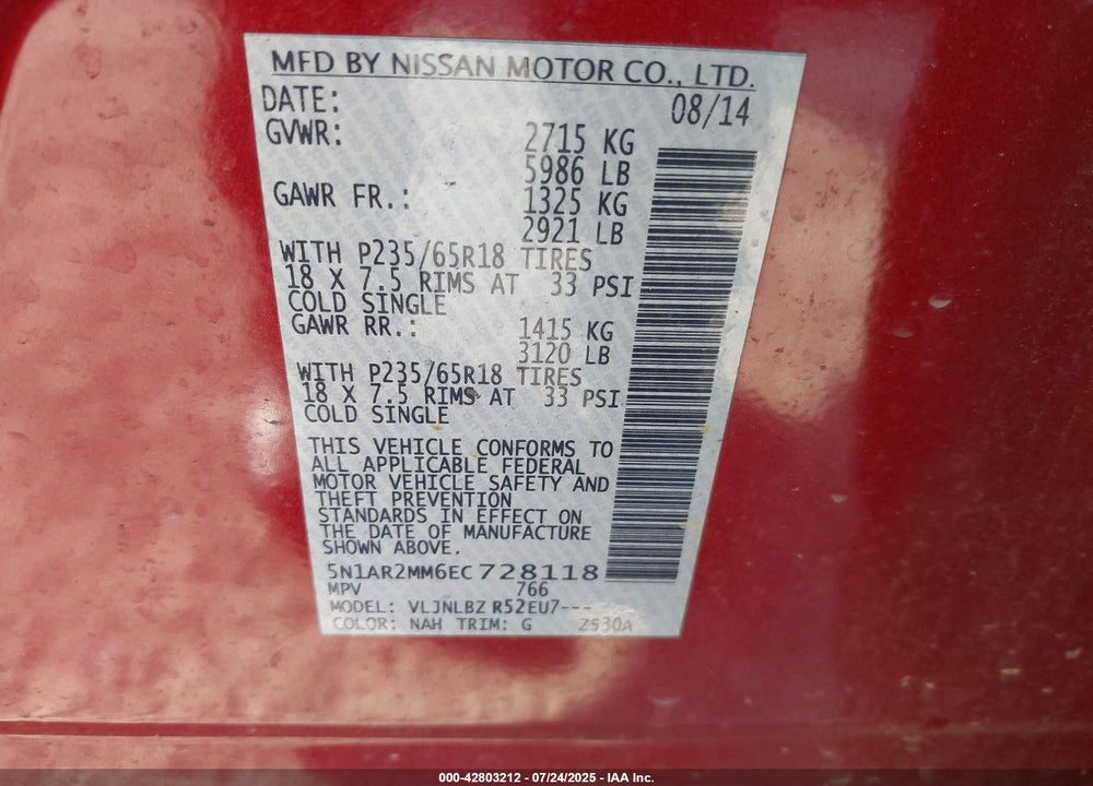 2014 NISSAN PATHFINDER VIN: 5N1AR2MM6EC728118