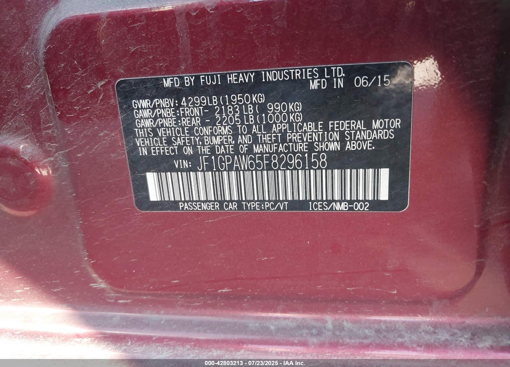 2015 SUBARU IMPREZA VIN: JF1GPAW65F8296158