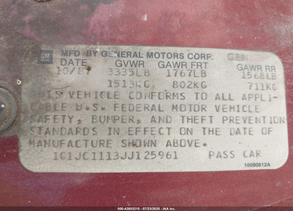 1988 CHEVROLET CAVALIER VL VIN: 1G1JC1113JJ125961