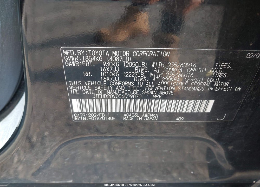2005 TOYOTA RAV4 VIN: JTEHD20V056029870