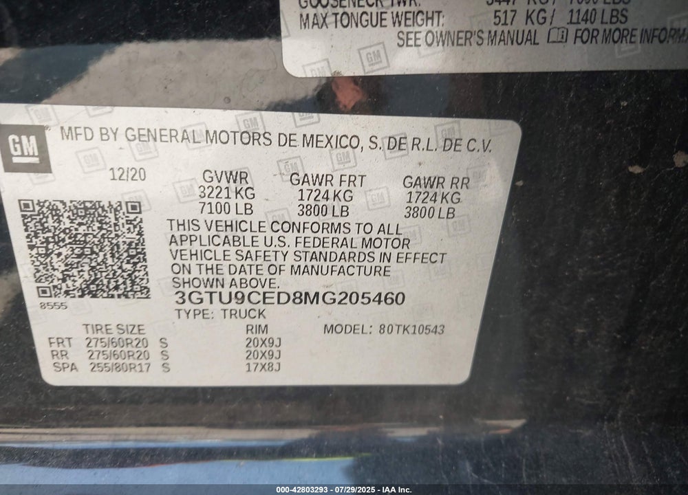 2021 GMC SIERRA 1500 VIN: 3GTU9CED8MG205460