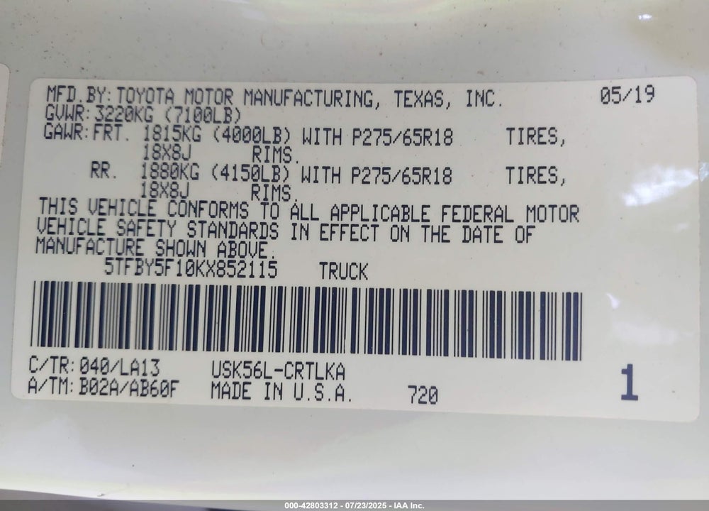 2019 TOYOTA TUNDRA VIN: 5TFBY5F10KX852115