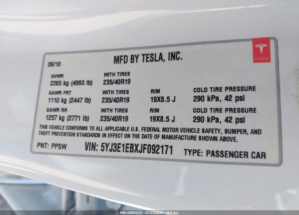 2018 TESLA MODEL 3 LONG RANGE/PERFORMANCE VIN: 5YJ3E1EBXJF092171