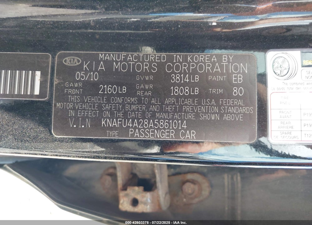 2010 KIA FORTE VIN: KNAFU4A28A5861014