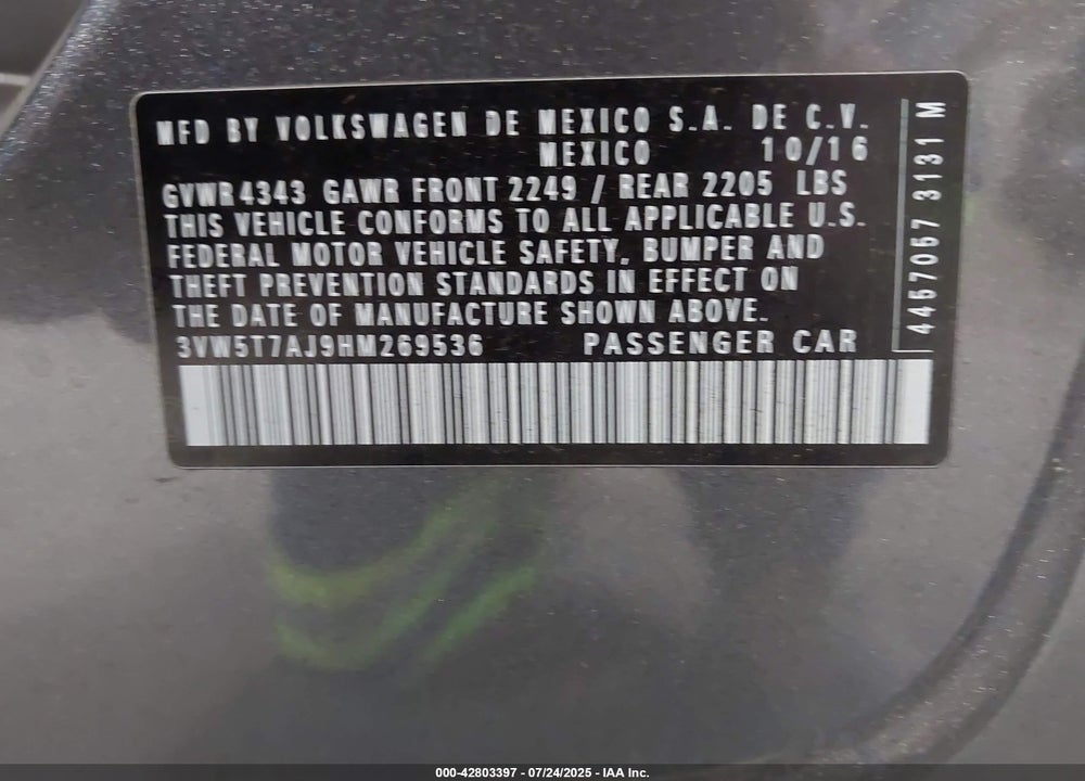 2017 VOLKSWAGEN JETTA VIN: 3VW5T7AJ9HM269536