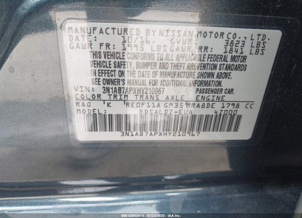 2017 NISSAN SENTRA VIN: 3N1AB7APXHY210967