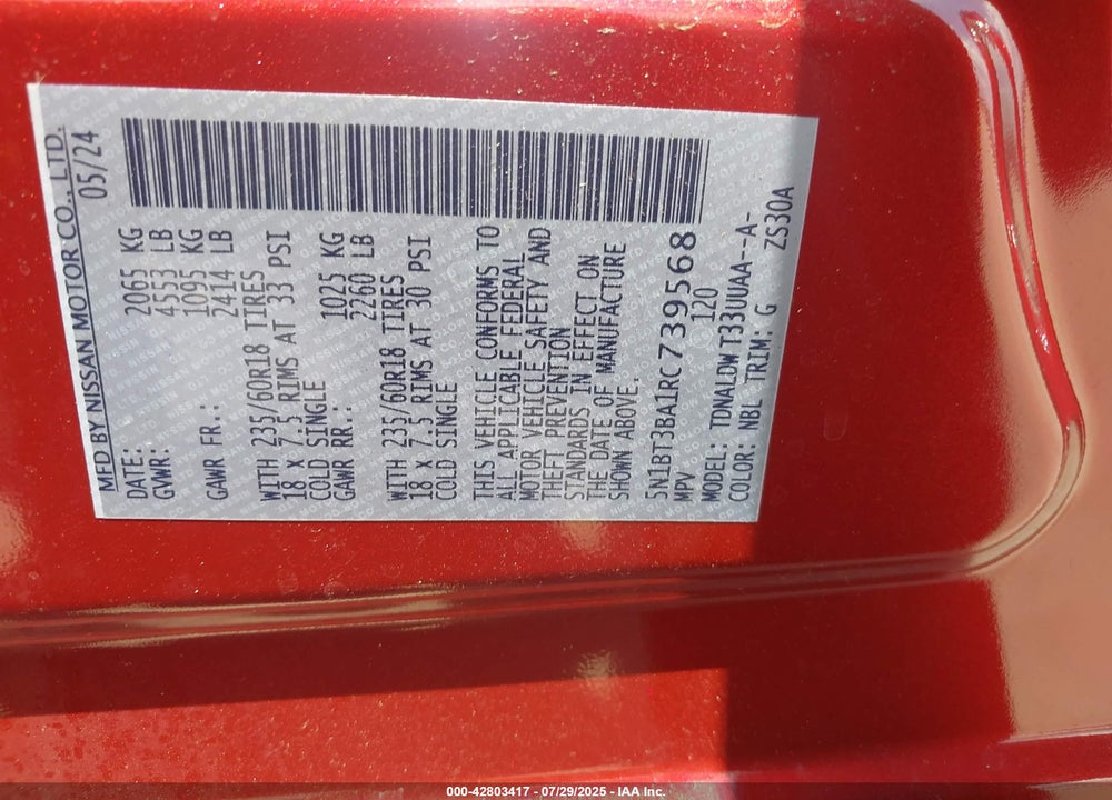 2024 NISSAN ROGUE VIN: 5N1BT3BA1RC739568