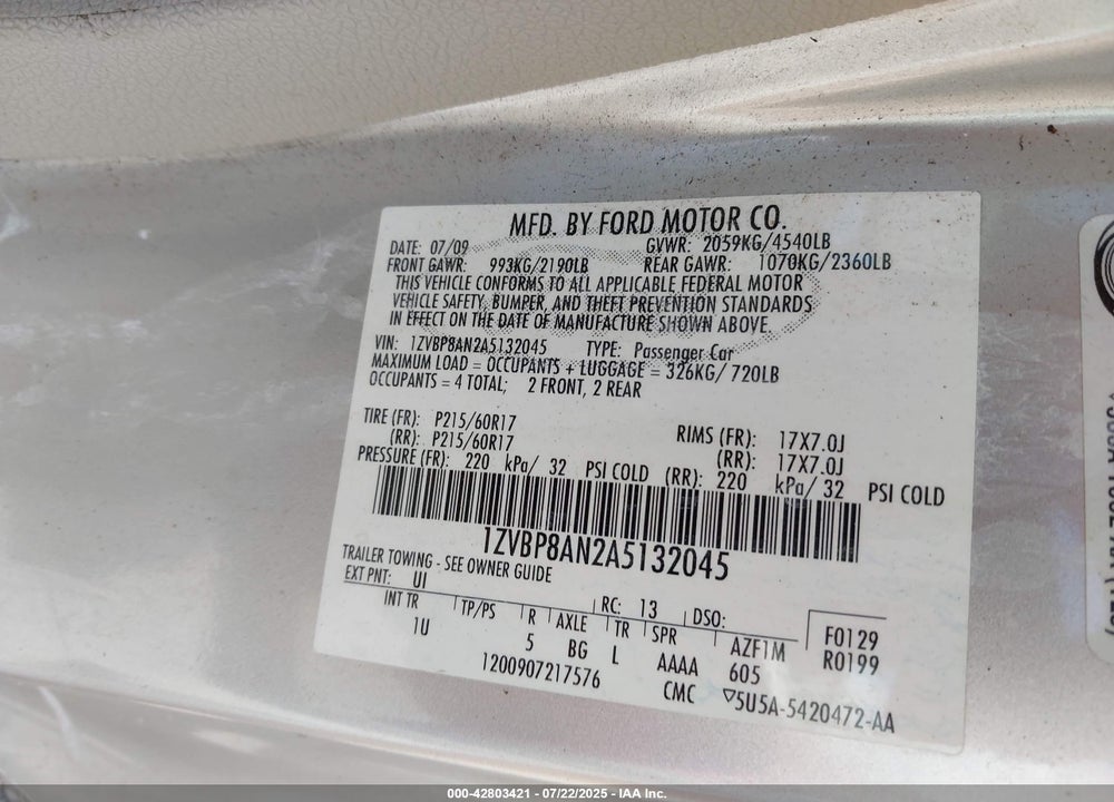 2010 FORD MUSTANG V6/V6 PREMIUM VIN: 1ZVBP8AN2A5132045