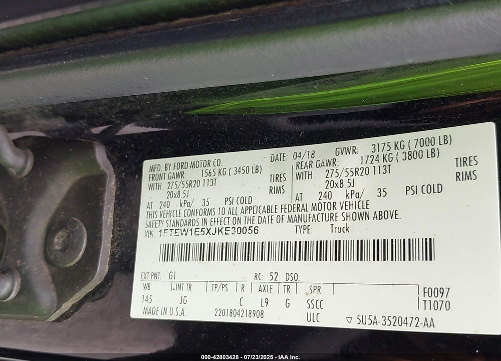 2018 FORD F-150 VIN: 1FTEW1E5XJKE30056