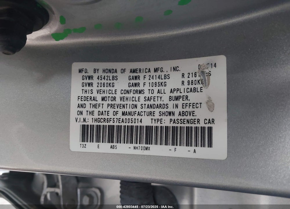 2014 HONDA ACCORD HYBRID EX-L VIN: 1HGCR6F57EA005014