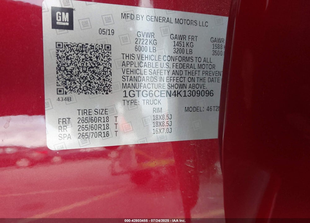 2019 GMC CANYON VIN: 1GTG6CEN4K1309096