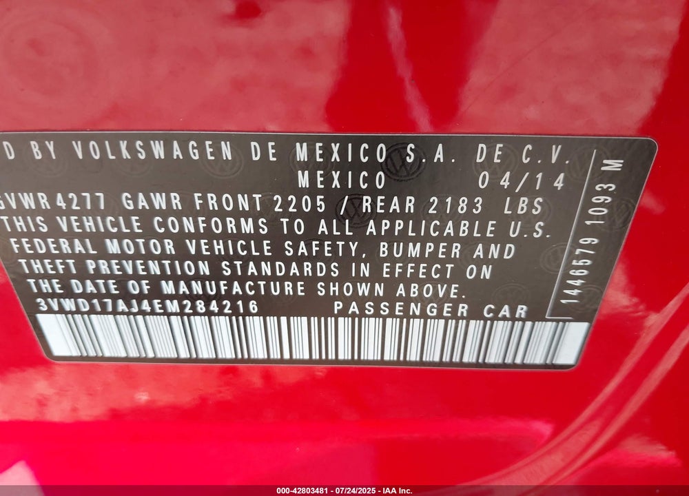 2014 VOLKSWAGEN JETTA VIN: 3VWD17AJ4EM284216