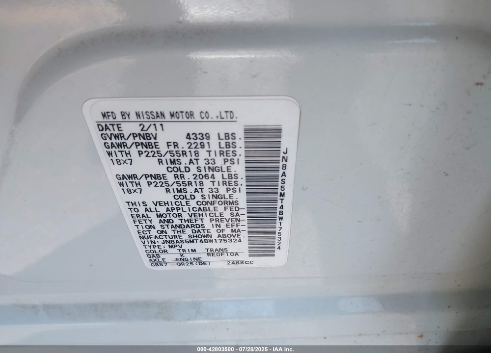2011 NISSAN ROGUE VIN: JN8AS5MT4BW175324