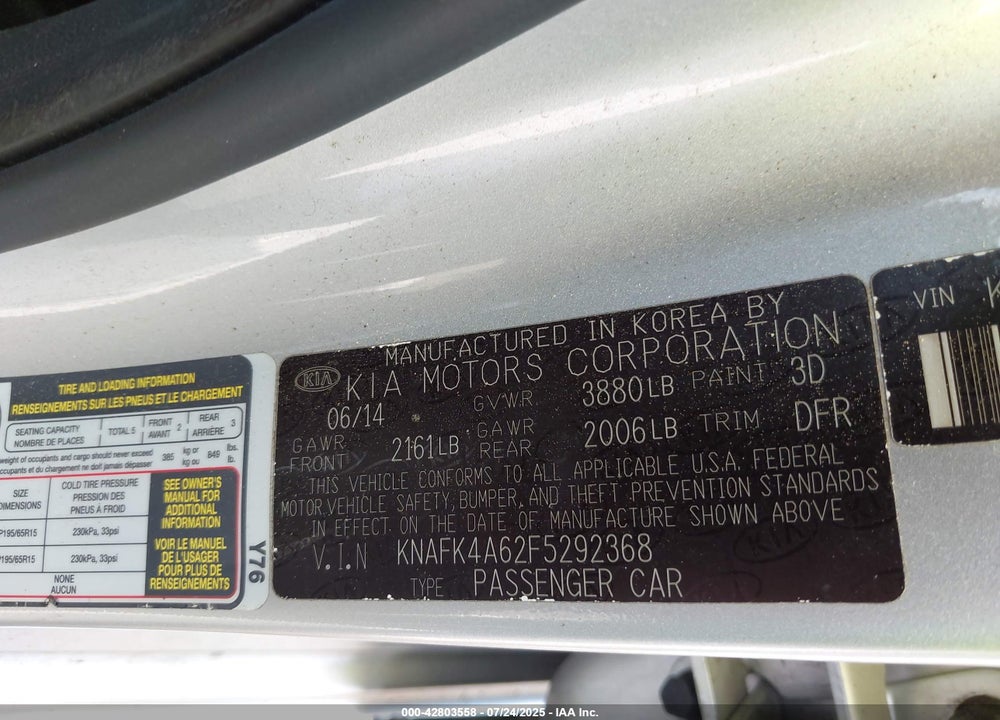 2015 KIA FORTE VIN: KNAFK4A62F5292368