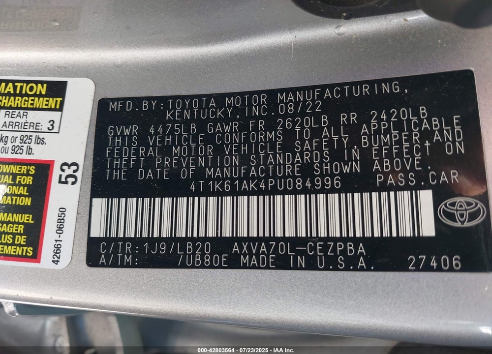 2023 TOYOTA CAMRY VIN: 4T1K61AK4PU084996